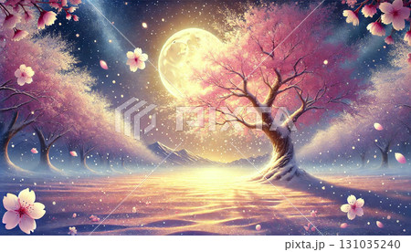 満月の光に照らされる桜並木と幻想的な雪景色が広がる神秘的な夜の風景イラスト 満月の光に照らされる桜並木と幻想的な雪景色が広がる神秘的な夜の風景イラスト 131035240