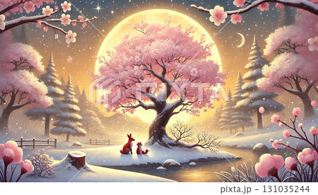 満月に照らされた桜の木の下で寄り添うキツネ親子と雪景色が広がる幻想的な夜の風景 131035244