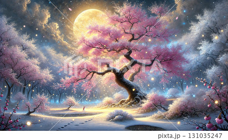 満月に照らされる雪景色の森で桜の大樹が輝き小さなウサギが見上げる幻想的な光景 満月に照らされる雪景色の森で桜の大樹が輝き小さなウサギが見上げる幻想的な光景 131035247