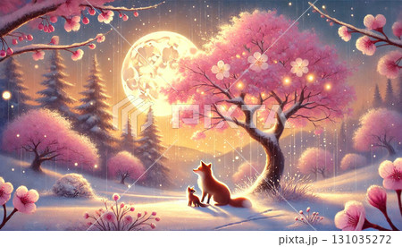 満月の光に照らされる桜の木と親子の狐が描く幻想的で温かい冬の夜の
