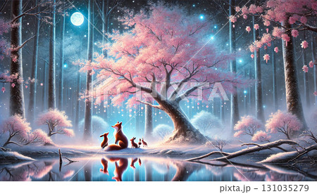 満月に照らされる幻想的な桜の大樹と湖畔に集う狐たちの美しい冬の夜景イラスト 131035279