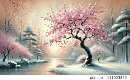 雪景色の湖畔に咲き誇る満開の桜の木と朝日の光が織りなす幻想的な冬の風景 131035286