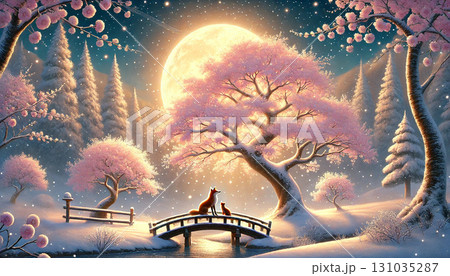 満月の夜に橋の上で寄り添う親子の狐と桜が彩る幻想的な冬の森の風景 満月の夜に橋の上で寄り添う親子の狐と桜が彩る幻想的な冬の森の風景 131035287