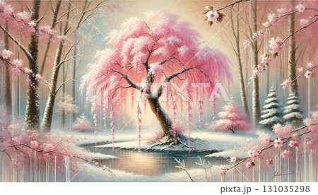 冬の雪景色に咲き誇るしだれ桜と池に映る幻想的な光景が広がる美しい森の風景 131035298