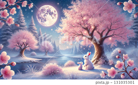 満月の下で白うさぎ親子が桜と川を眺める雪景色の幻想的で優しいファンタジー風景 131035301