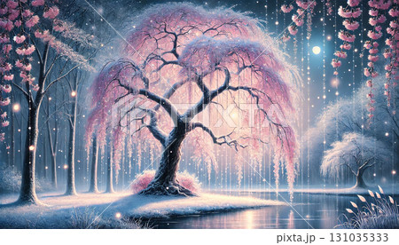 満月に照らされ輝く幻想的なしだれ桜と静かな湖畔に舞う光が織りなす神秘の夜景イラスト風風景 131035333