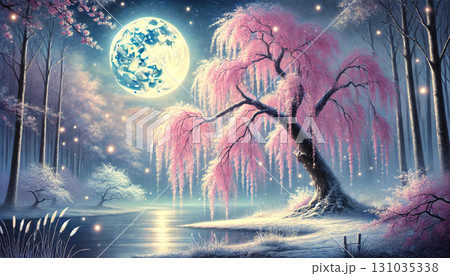 満月に照らされる湖畔のしだれ桜が幻想的に輝く静寂の森と水面に映る神秘的な夜景ファンタジー風景 満月に照らされる湖畔のしだれ桜が幻想的に輝く静寂の森と水面に映る神秘的な夜景ファンタジー風景 131035338