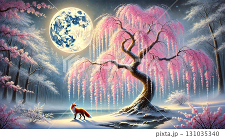満月に照らされるしだれ桜と雪景色の中で赤いキツネが佇む幻想的で神秘的な夜のファンタジー風景 131035340