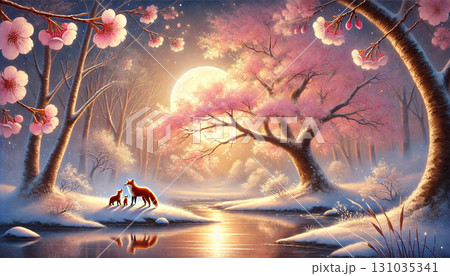 満月に照らされる桜の木の下で親子のキツネが寄り添う幻想的で温もりあふれる春の夜のファンタジー風景 131035341
