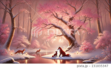 雪景色に咲く桜の木の下で寄り添う親子のキツネと川辺を歩く仲間が灯火に照らされる幻想的な春の夜風景 131035347