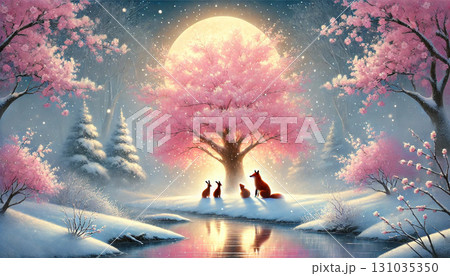 満月に照らされる桜の木の下で親子のキツネが寄り添い雪景色に光が広がる幻想的で心温まる春の夜の風景 131035350