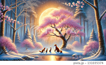 満月に照らされる桜の木と雪景色の中で寄り添うキツネとウサギたちの幻想的な冬の夜の物語 131035374
