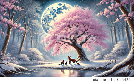 満月に照らされた桜の下で寄り添う狐の親子が描く幻想的で温かい春の夜の風景 131035426