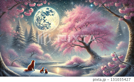 満月に照らされる桜の下で寄り添う狐の親子が描く幻想的で温かな春の夜景 131035427