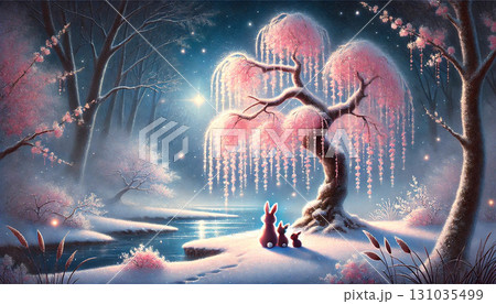 幻想的な雪の森に咲くしだれ桜と三匹のうさぎが佇む静寂の夜のイラスト風景 131035499