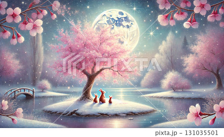 満月と桜に包まれた雪の島でうさぎ親子が佇む幻想的な春の夜のイラスト風景 131035501