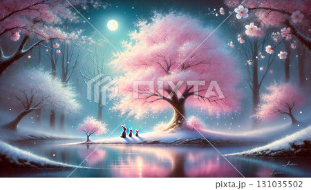 満月の光に照らされる桜の木と湖畔に座る三匹のうさぎが描く幻想的で神秘的な夜景 131035502