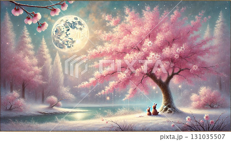満月と桜が輝く雪景色の森で二匹のウサギが寄り添う幻想的でロマンチックな夜の風景 131035507