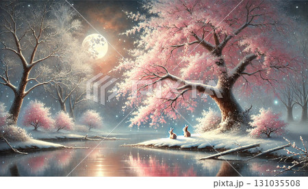 月明かりに照らされる雪景色の桜の下で二匹のウサギが佇む幻想的でロマンチックな湖畔風景 131035508
