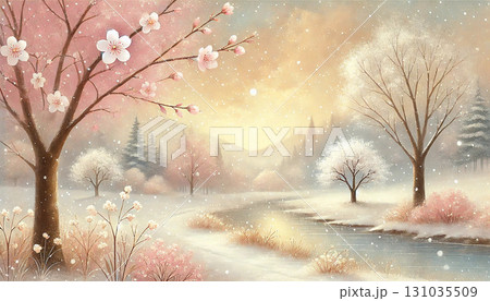雪降る朝焼けの森と桜の花咲く木々が映える川辺の幻想的でロマンチックな冬景色イラスト 131035509