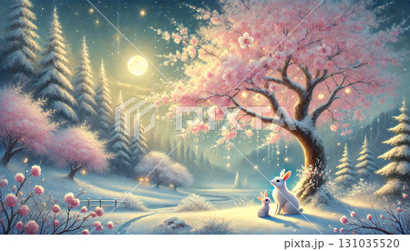 満月に照らされた冬の桜の木の下で寄り添う白ウサギの親子が佇む幻想的な雪景色 満月に照らされた冬の桜の木の下で寄り添う白ウサギの親子が佇む幻想的な雪景色 131035520
