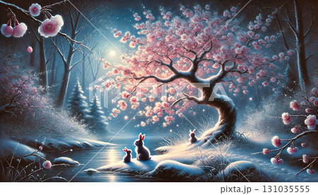 雪に覆われた夜の桜と小川を見つめるうさぎたちの幻想的な冬のファンタジー風景 131035555