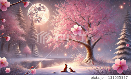 満月と雪に彩られた桜の下で寄り添う親子の狐が描かれた幻想的な冬の風景 131035557