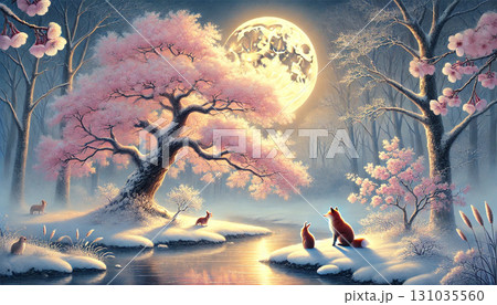 満月に照らされる雪景色と桜の木の下で寄り添う親子のキツネたちの幻想的な風景 131035560