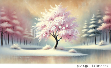雪景色の中で咲き誇る満開の桜と幻想的な湖が広がる春の風景イラスト 131035565