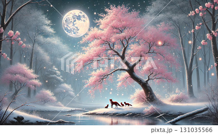満月に照らされる雪景色と桜の木の下でたたずむキツネの親子の幻想的な風景 131035566