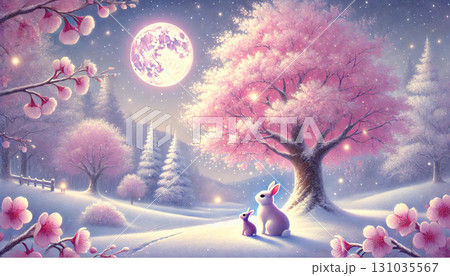 満月の夜に親子のウサギが見上げる幻想的な雪景色と桜の風景イラスト 131035567