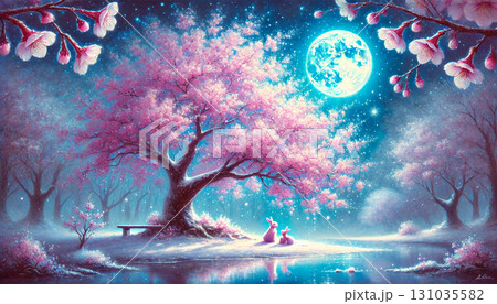 満月の夜に桜の下で寄り添ううさぎたちと幻想的な春のファンタジー風景 満月の夜に桜の下で寄り添ううさぎたちと幻想的な春のファンタジー風景 131035582