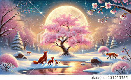 満月に照らされた雪の森で桜を見上げるキツネ親子の幻想的なファンタジー風景 131035585