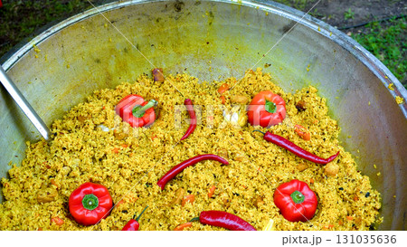 Large Cauldron with Pilaf Rice Meat and Vegetables 131035636