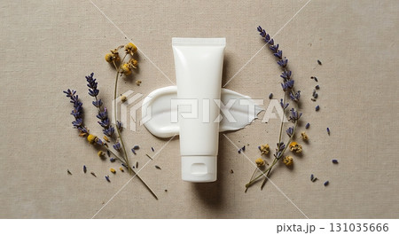 Luxurious white cream tube with lavender and dried flowers, natural skincare product display 131035666