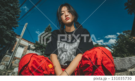 ストリートファッションの女性ポートレート｜赤いパンツと黒いTシャツで青空の下に座る姿 131035730