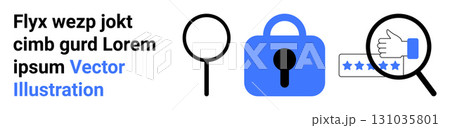 Magnifying glass, blue lock icon, and hand rating stars represent security, quality control, and user feedback. Ideal for technology, cybersecurity, customer reviews, privacy, data protection 131035801