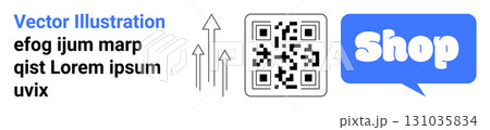 QR code centered with three arrows pointing upwards to the left. On the right, a blue speech bubble with the word Shop. Ideal for business promotions, tech integration, e-commerce, marketing 131035834