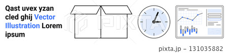 Open box, analog clock, and analytical data board. Ideal for logistics, time management, productivity, data analysis, business planning, warehouse management, shipping. Landing page 131035882