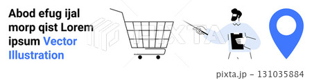 Shopping cart, delivery location pin, and person pointing at clipboard. Ideal for e-commerce, retail, delivery services, marketing, online shopping, logistics, and customer support. Banner Shopping cart, delivery location pin, and person pointing at clipboard. Ideal for e-commerce, retail, delivery services, marketing, online shopping, logistics, and customer support. Banner 131035884