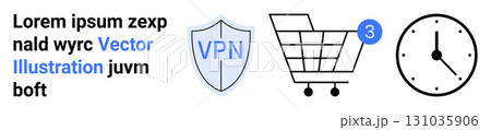 Text block, VPN shield, shopping cart with notification, clock. Ideal for online security, e-commerce, time management, digital privacy, web safety, transaction processing. Landing page Text block, VPN shield, shopping cart with notification, clock. Ideal for online security, e-commerce, time management, digital privacy, web safety, transaction processing. Landing page 131035906