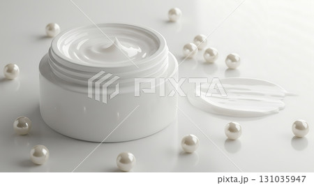 Luxurious white cream jar with pearls, radiant skincare product for ultimate beauty and elegance 131035947