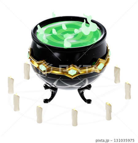 Magical 3d cauldron bubbling with glowing green potion, surrounded by flickering candles 131035975