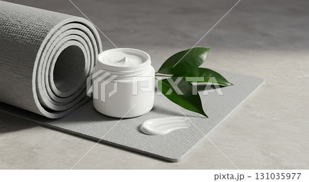 Luxury skincare cream jar with green leaves and rolled yoga mat on textured surface 131035977