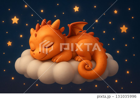 Dreaming baby dragon sleeping on cloud with stars at night illustration. concept of fantasy creature, peaceful sleep, magical sky 131035996