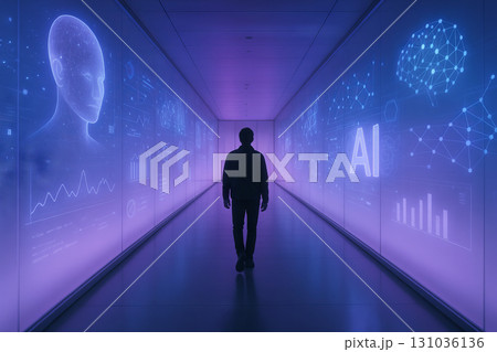 Futuristic museum hallway with silhouette of man walking amidst digital displays and ai concepts in illuminated corridor Futuristic museum hallway with silhouette of man walking amidst digital displays and ai concepts in illuminated corridor 131036136