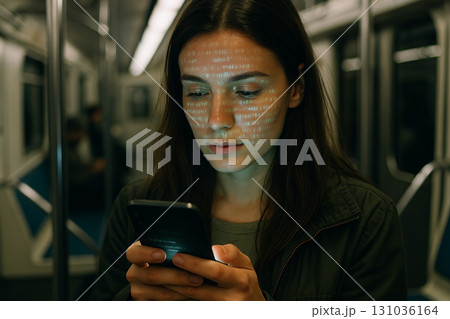 Young woman in a metro with digital glow on face using smartphone during commute. concept of technology interaction, urban transportation, modern connectivity. 131036164