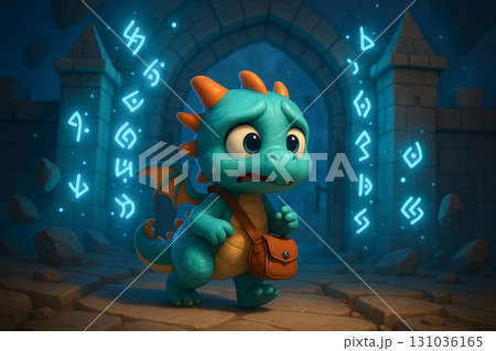 Baby dragon's quest illustration with cute dragon and ancient magical symbols in mysterious stone courtyard 131036165