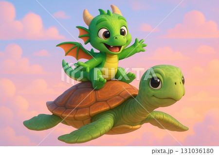 Illustration of a dragon's aerial adventure on turtle's back at sunset. concept of fantasy journey, mythical creatures, whimsical flight. 131036180