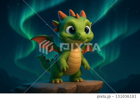 Illustration of a cute baby dragon named aurora with northern lights backdrop and simple design for fantasy lovers and children's storybooks 131036181